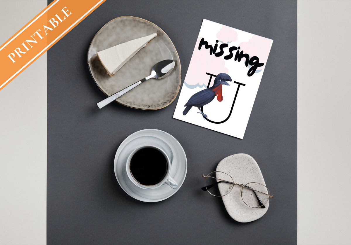 Printable Missing You Greeting Card – Black Bird Design
