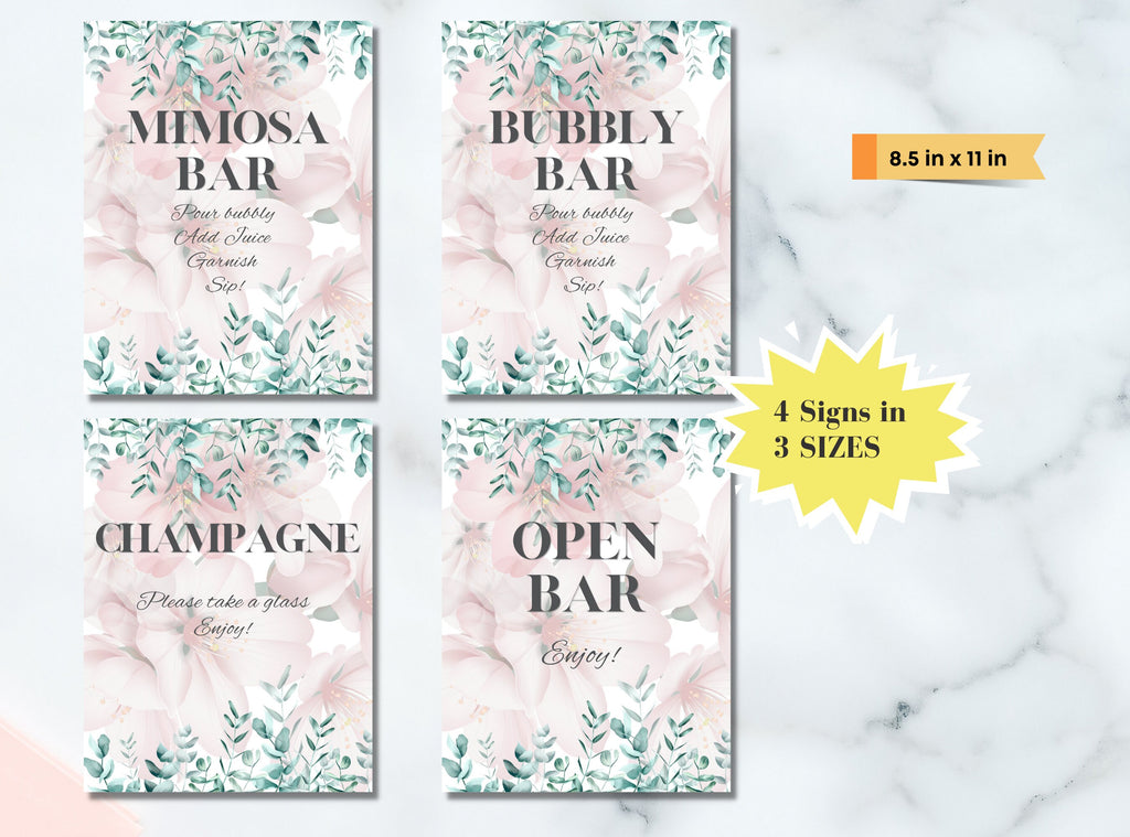 Pink Floral Mimosa Bar Signs – 4 Designs