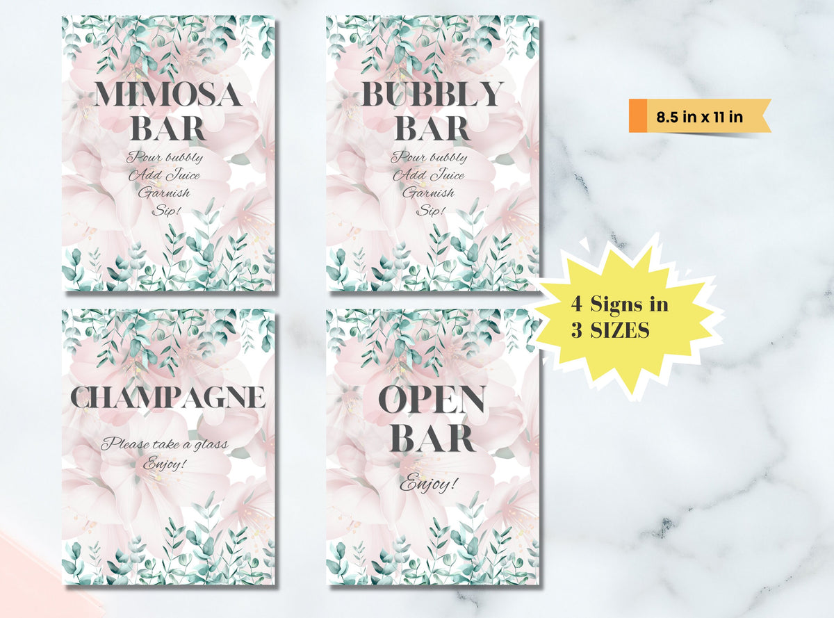 Pink Floral Mimosa Bar Signs – 4 Designs