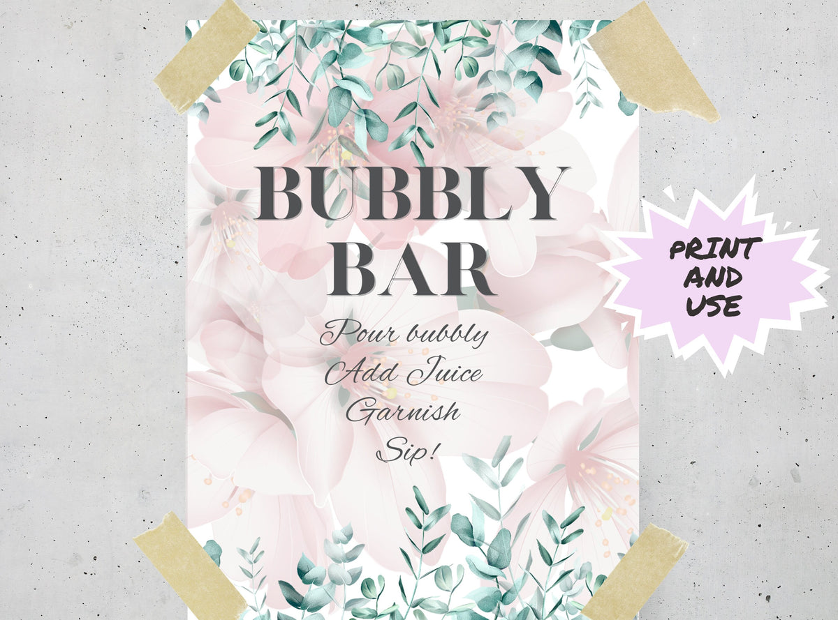 Pink Floral Mimosa Bar Signs – 4 Designs