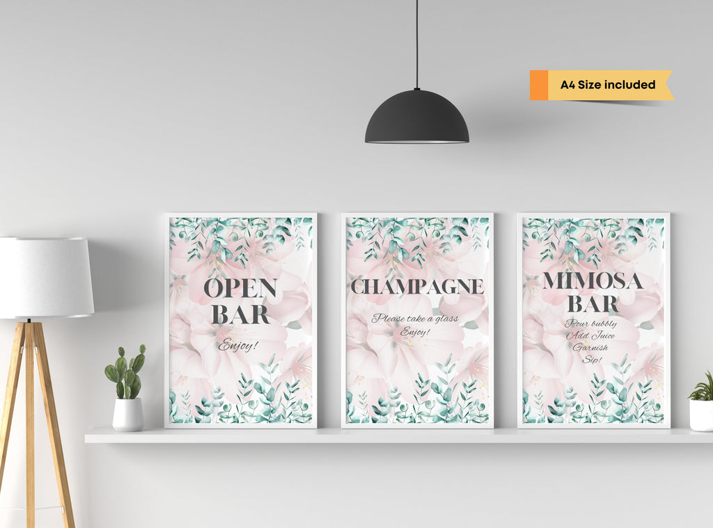 Pink Floral Mimosa Bar Signs – 4 Designs