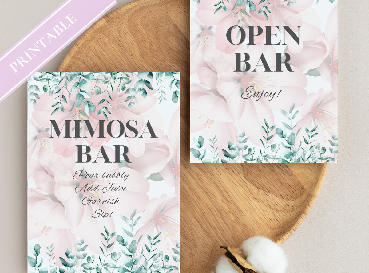 Pink Floral Mimosa Bar Signs – 4 Designs