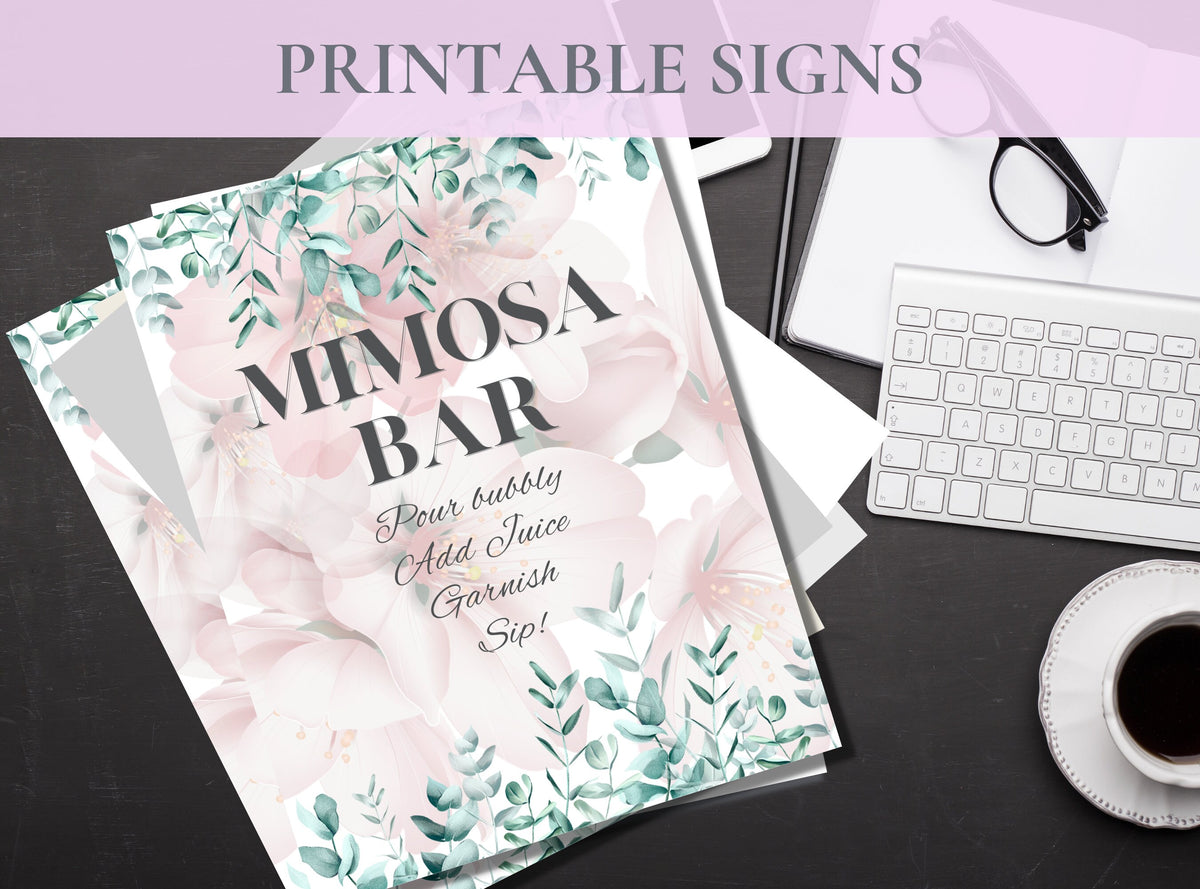 Pink Floral Mimosa Bar Signs – 4 Designs