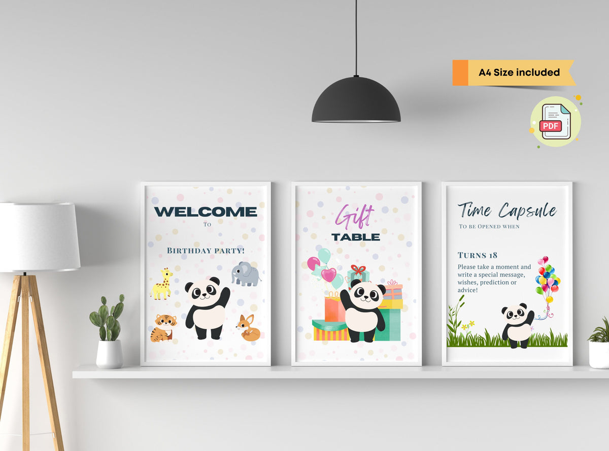 Kids Birthday Panda Party Set Printable Bundle - Welcome Sign, Time Capsule, Gift Table, Thank You Tags, Cup Cake Topper, | Happy Panda