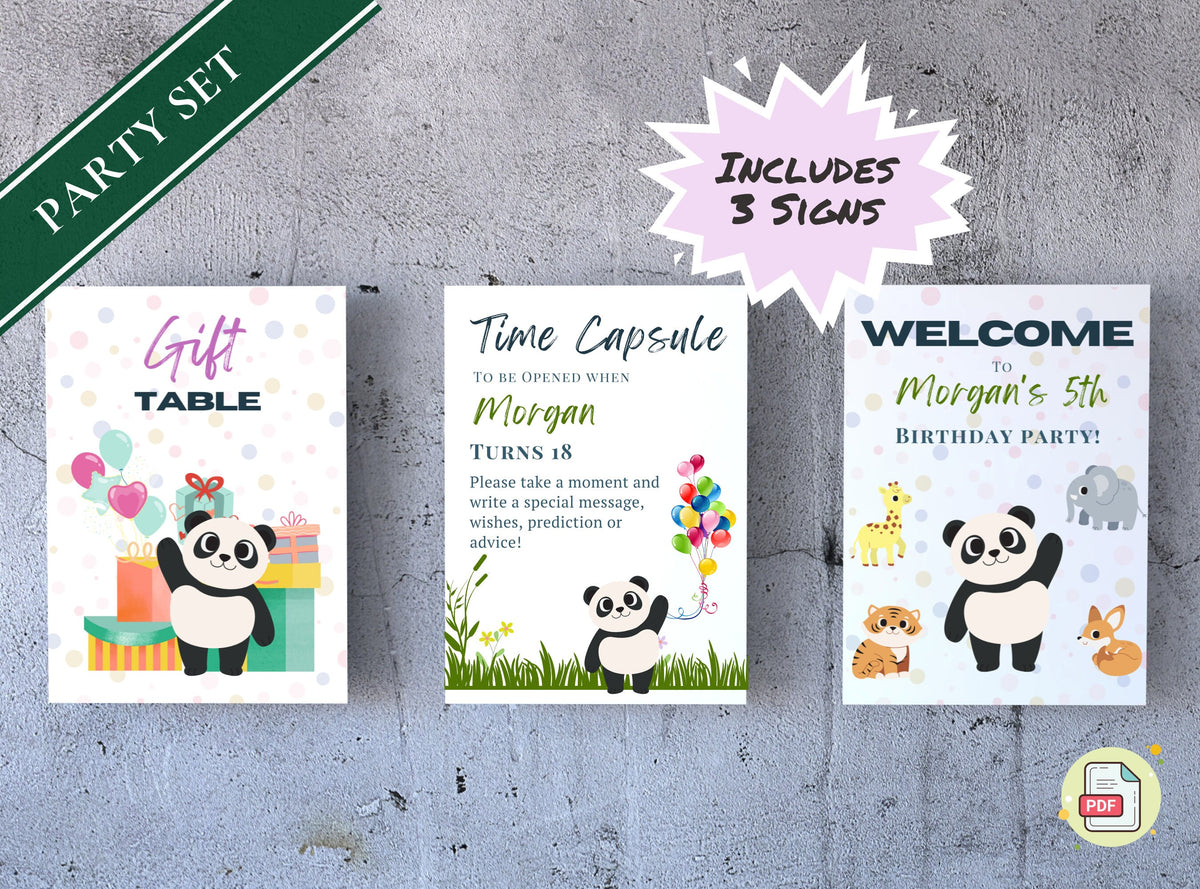 Kids Birthday Panda Party Set Printable Bundle - Welcome Sign, Time Capsule, Gift Table, Thank You Tags, Cup Cake Topper, | Happy Panda