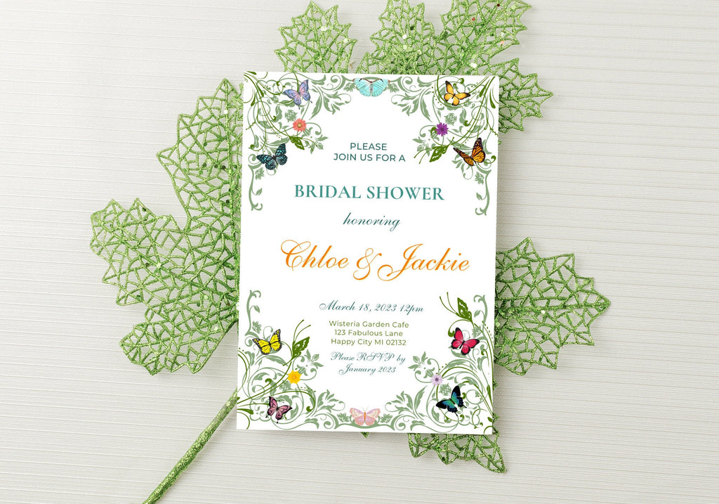 Butterfly BRIDAL Shower Party Invitation TEMPLATE - BABY Shower, Bridal Party Invite | Butterflies with Floral Greenery Motif