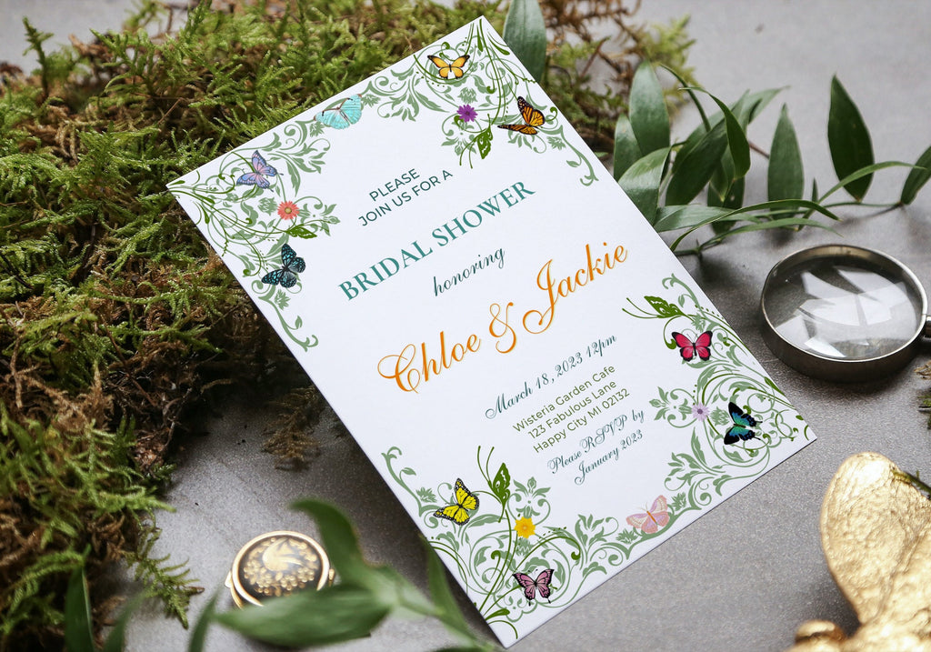 Butterfly BRIDAL Shower Party Invitation TEMPLATE - BABY Shower, Bridal Party Invite | Butterflies with Floral Greenery Motif