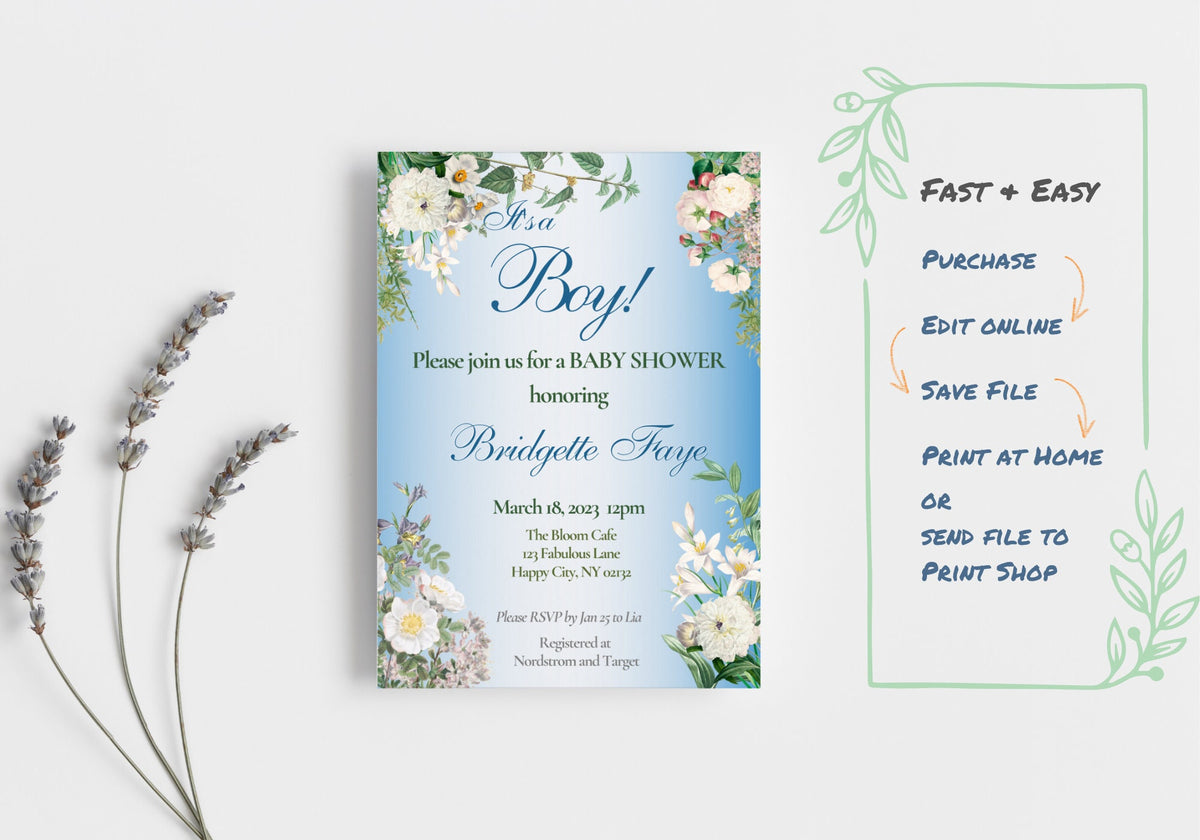 BABY BOY Shower Party Invitation Template - Baby Reveal BABY Shower Invite | Beautiful White Florals Baby Blue
