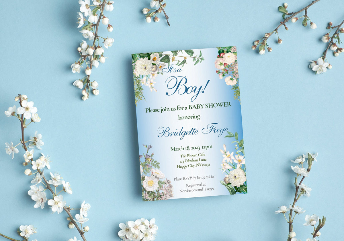BABY BOY Shower Party Invitation Template - Baby Reveal BABY Shower Invite | Beautiful White Florals Baby Blue