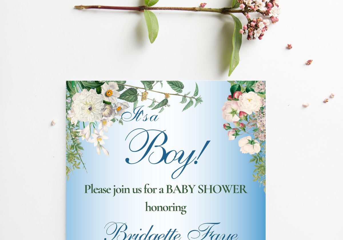 BABY BOY Shower Party Invitation Template - Baby Reveal BABY Shower Invite | Beautiful White Florals Baby Blue