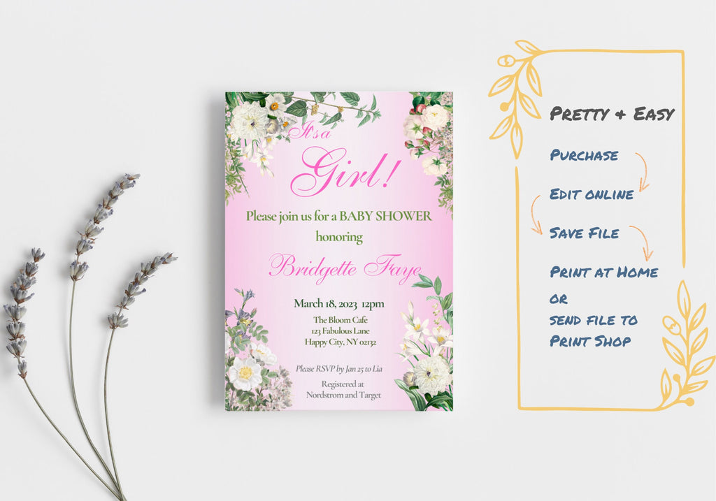 BABY GIRL Shower Party Invitation Template - Baby Reveal BABY Shower Invite First Born | Beautiful White Florals in Pink