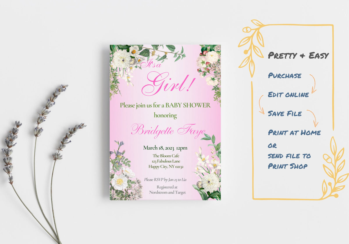 BABY GIRL Shower Party Invitation Template - Baby Reveal BABY Shower Invite First Born | Beautiful White Florals in Pink