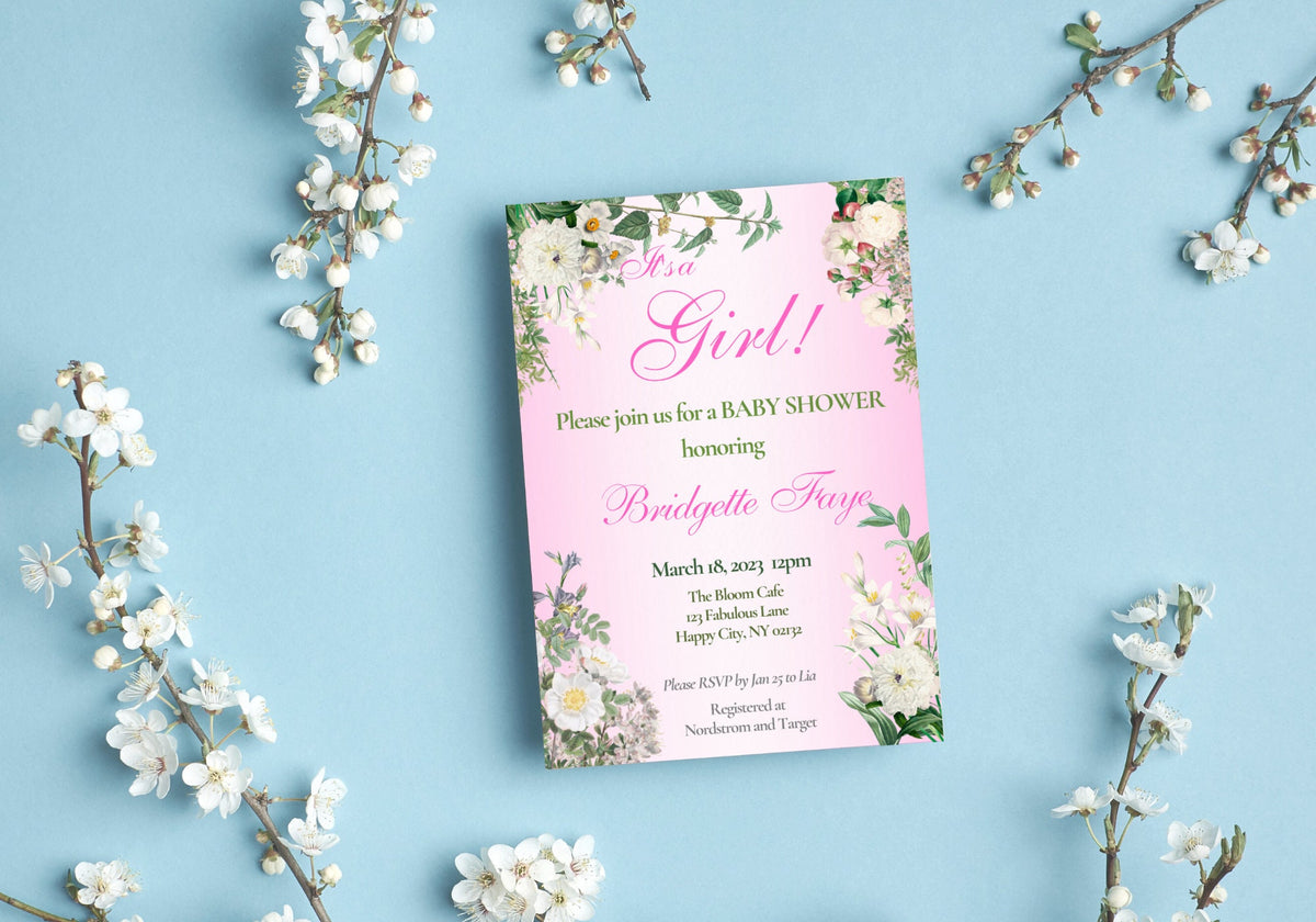 BABY GIRL Shower Party Invitation Template - Baby Reveal BABY Shower Invite First Born | Beautiful White Florals in Pink