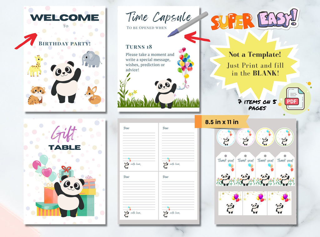 Kids Birthday Panda Party Set Printable Bundle - Welcome Sign, Time Capsule, Gift Table, Thank You Tags, Cup Cake Topper, | Happy Panda