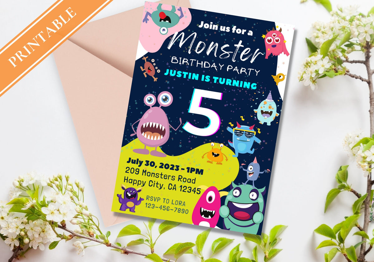 Cute Monsters Birthday Invite - Kids Birthday Invitation, Turning 5, Children's invites - Monster Bash Party Invite
