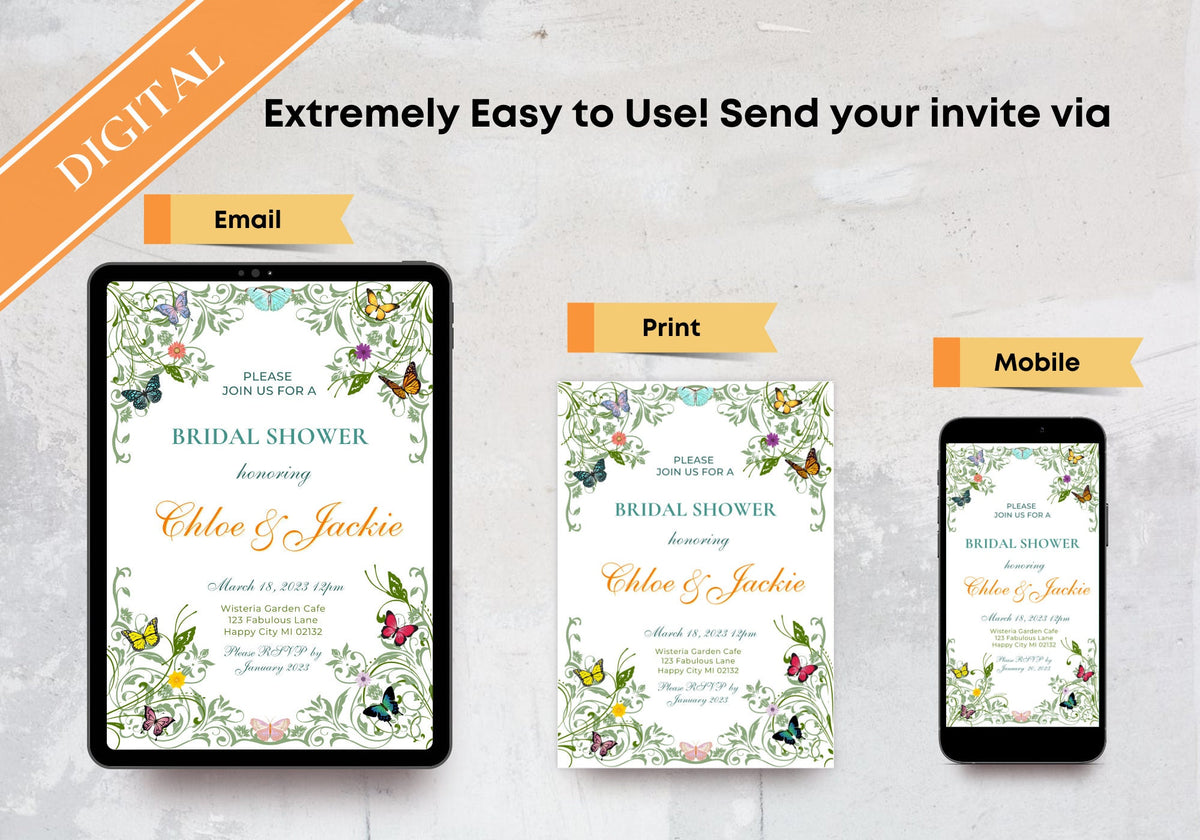 Butterfly BRIDAL Shower Party Invitation TEMPLATE - BABY Shower, Bridal Party Invite | Butterflies with Floral Greenery Motif