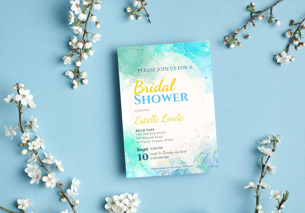 Alcohol Ink Bridal Shower Invite Template - Sky Ocean Blue Invite, Baby Shower Invite, Glittery confetti Gold