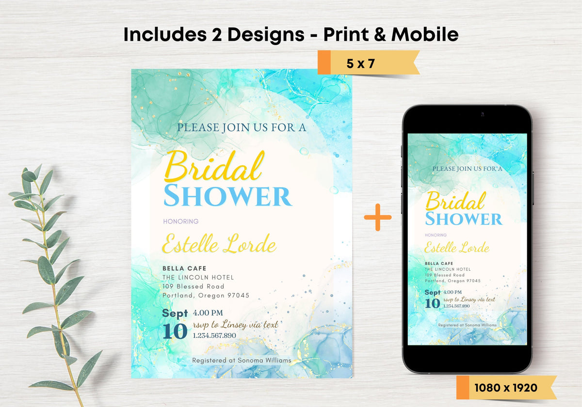 Alcohol Ink Bridal Shower Invite Template - Sky Ocean Blue Invite, Baby Shower Invite, Glittery confetti Gold