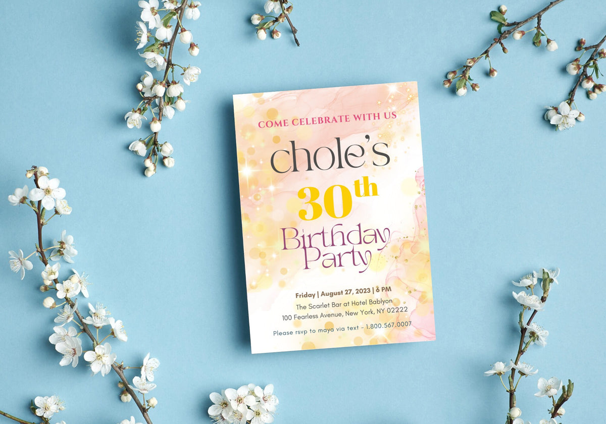 30th Party Invite Starry Alcohol Ink Birthday  - 30th 40th 50th Birthday Dreamy Pink Peach Stars Glitter Gold Confetti