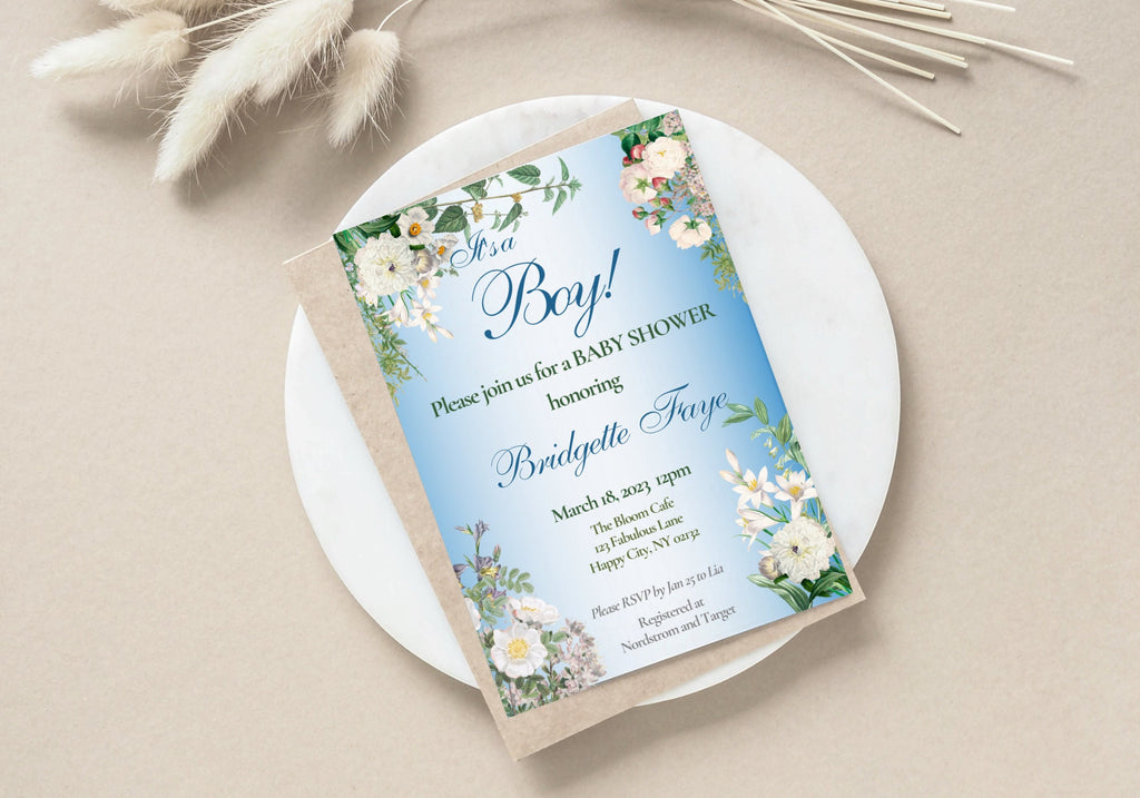 BABY BOY Shower Party Invitation Template - Baby Reveal BABY Shower Invite | Beautiful White Florals Baby Blue