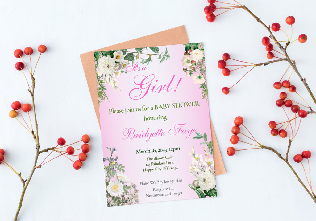 BABY GIRL Shower Party Invitation Template - Baby Reveal BABY Shower Invite First Born | Beautiful White Florals in Pink