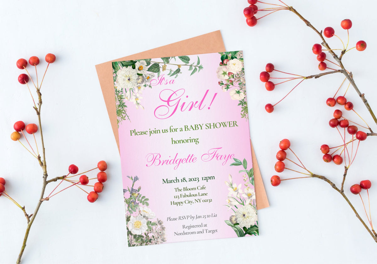 BABY GIRL Shower Party Invitation Template - Baby Reveal BABY Shower Invite First Born | Beautiful White Florals in Pink