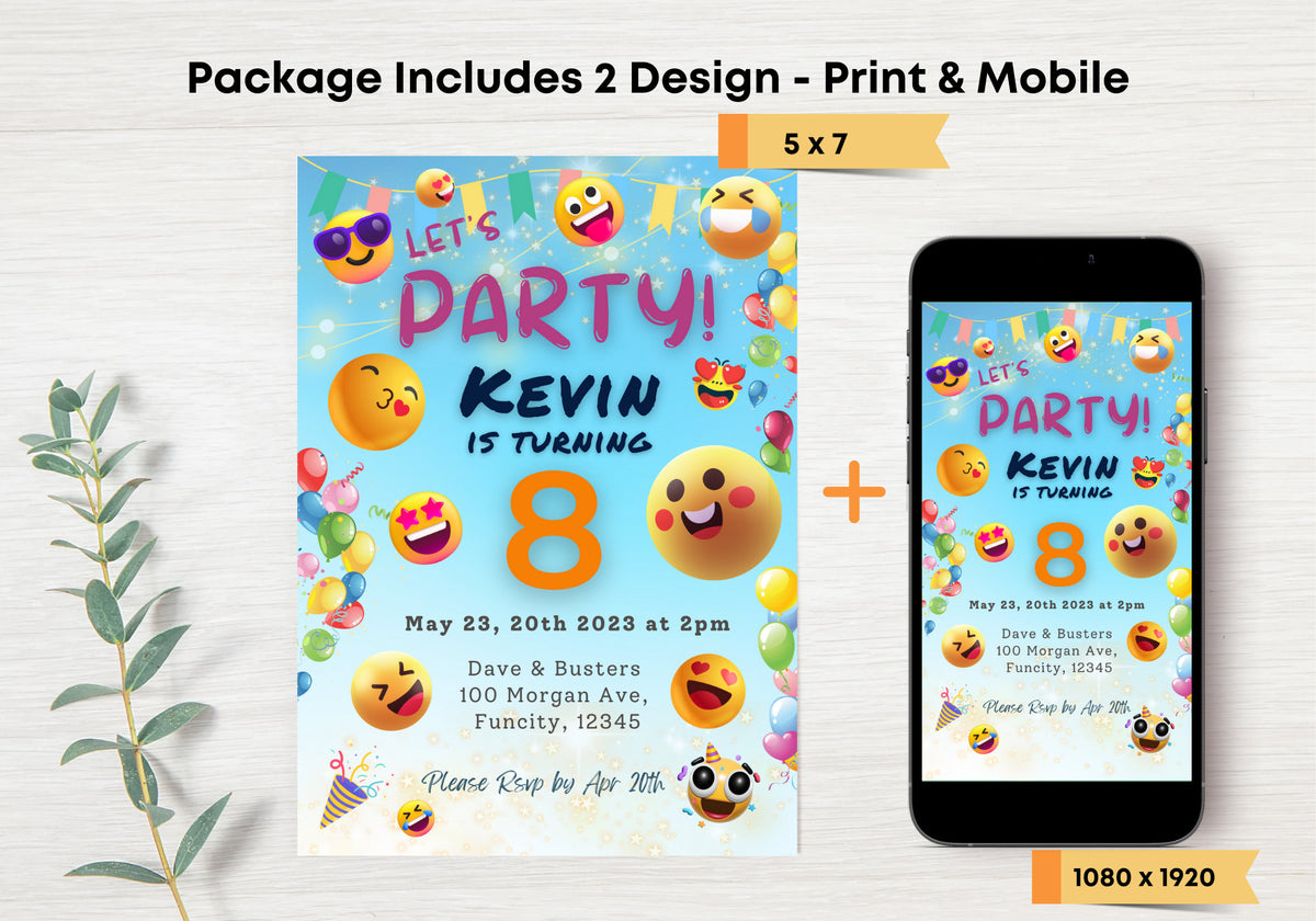 Cute Happy Emojis Birthday Invite - Kids Birthday Invitation, Turning 8, Children's invites - Let's Party Smiley Faces Emojis Party Invite