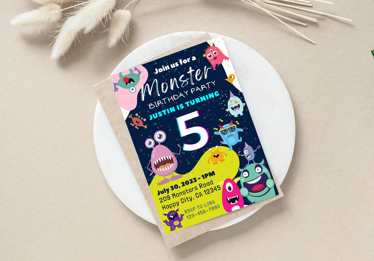 Cute Monsters Birthday Invite - Kids Birthday Invitation, Turning 5, Children's invites - Monster Bash Party Invite