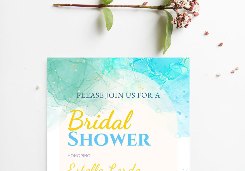 Alcohol Ink Bridal Shower Invite Template - Sky Ocean Blue Invite, Baby Shower Invite, Glittery confetti Gold