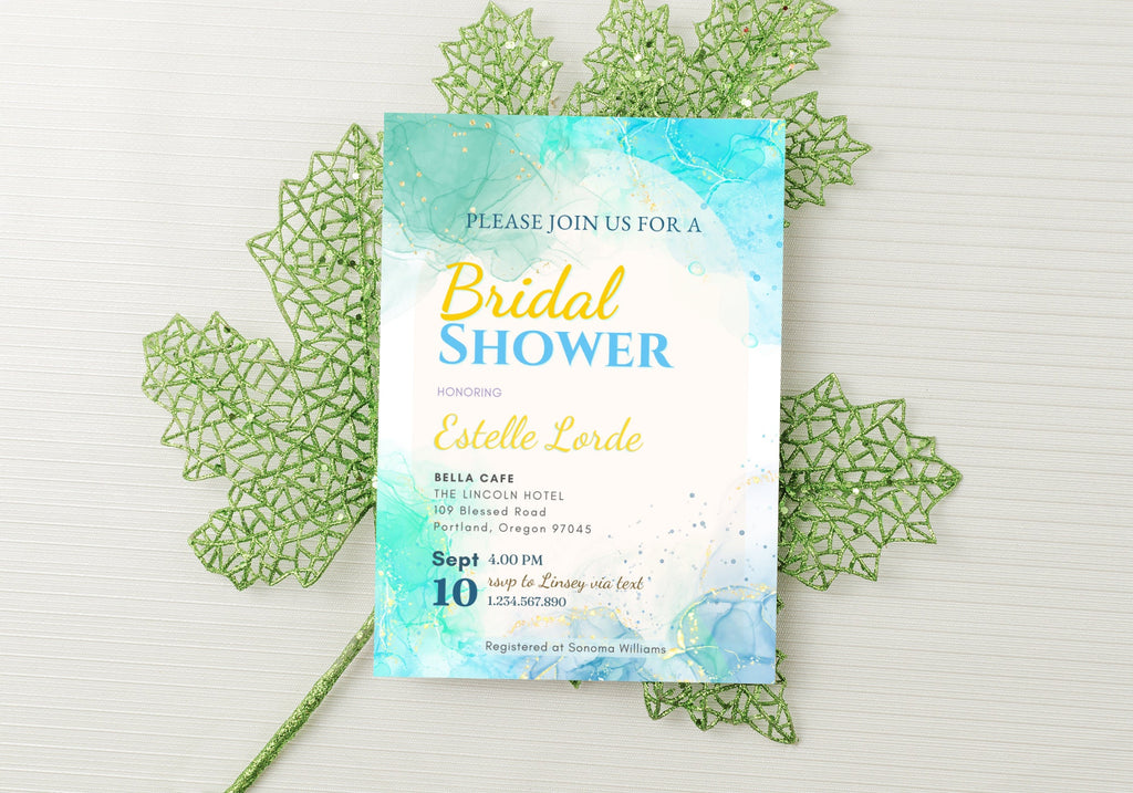 Alcohol Ink Bridal Shower Invite Template - Sky Ocean Blue Invite, Baby Shower Invite, Glittery confetti Gold