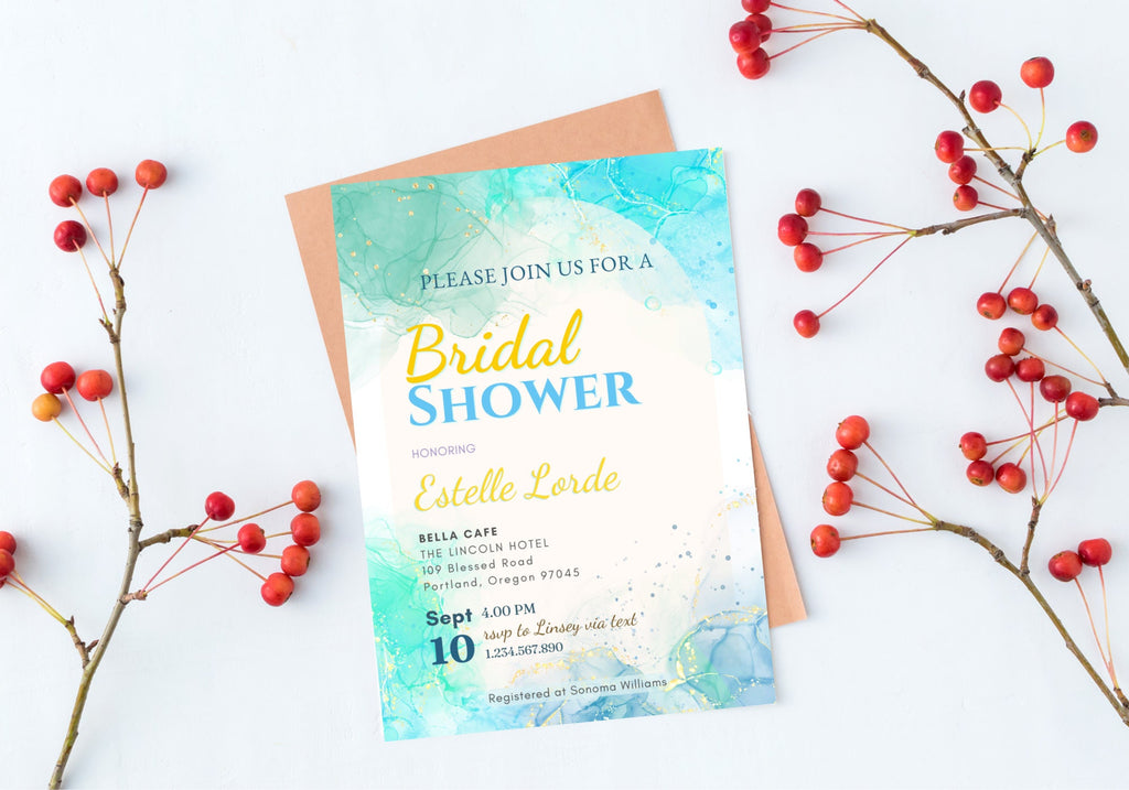 Alcohol Ink Bridal Shower Invite Template - Sky Ocean Blue Invite, Baby Shower Invite, Glittery confetti Gold
