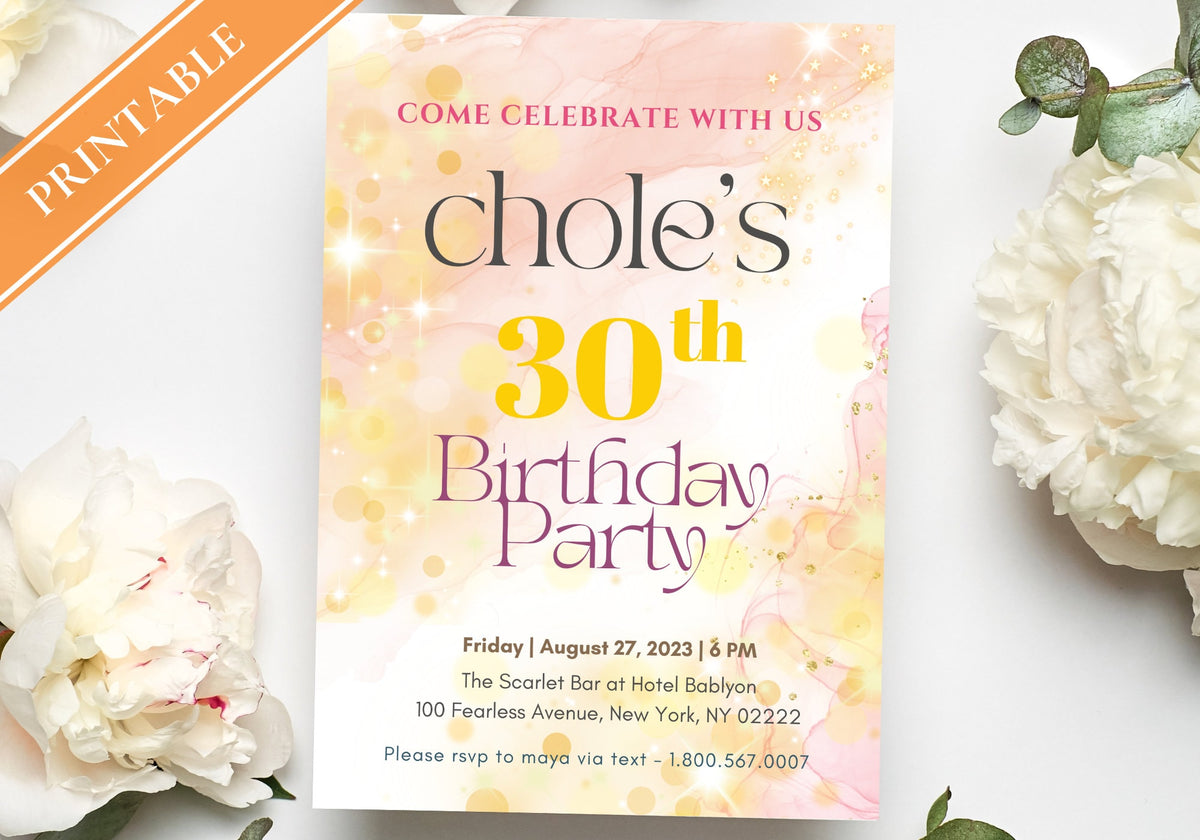 30th Party Invite Starry Alcohol Ink Birthday  - 30th 40th 50th Birthday Dreamy Pink Peach Stars Glitter Gold Confetti