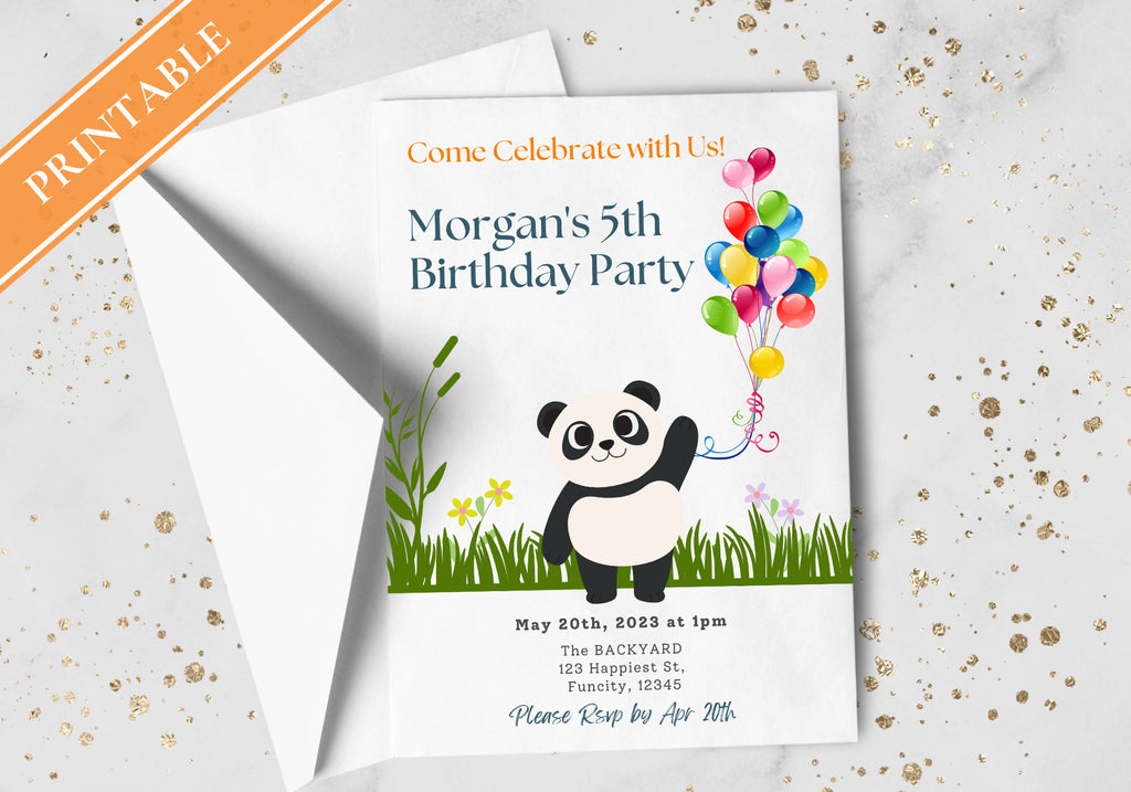 Panda Kids Birthday Party Invitation Template -Panda 5th Happy Birthday Toddler, Digital Invite, Balloons | Happy Panda
