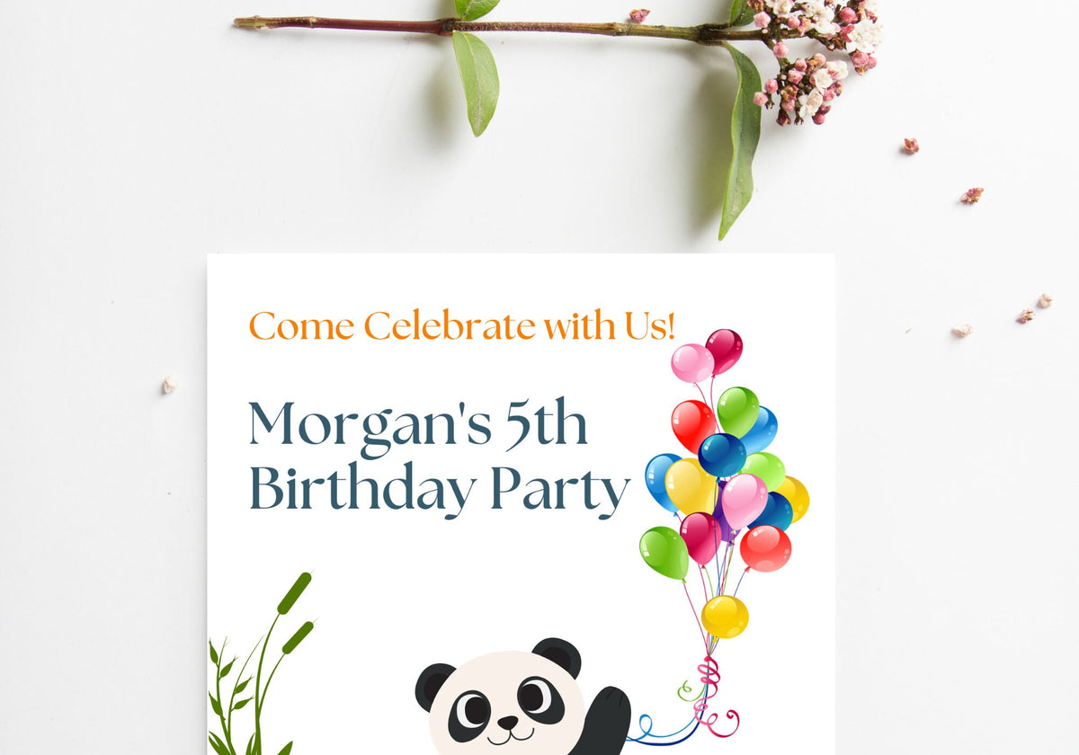 Panda Kids Birthday Party Invitation Template -Panda 5th Happy Birthday Toddler, Digital Invite, Balloons | Happy Panda