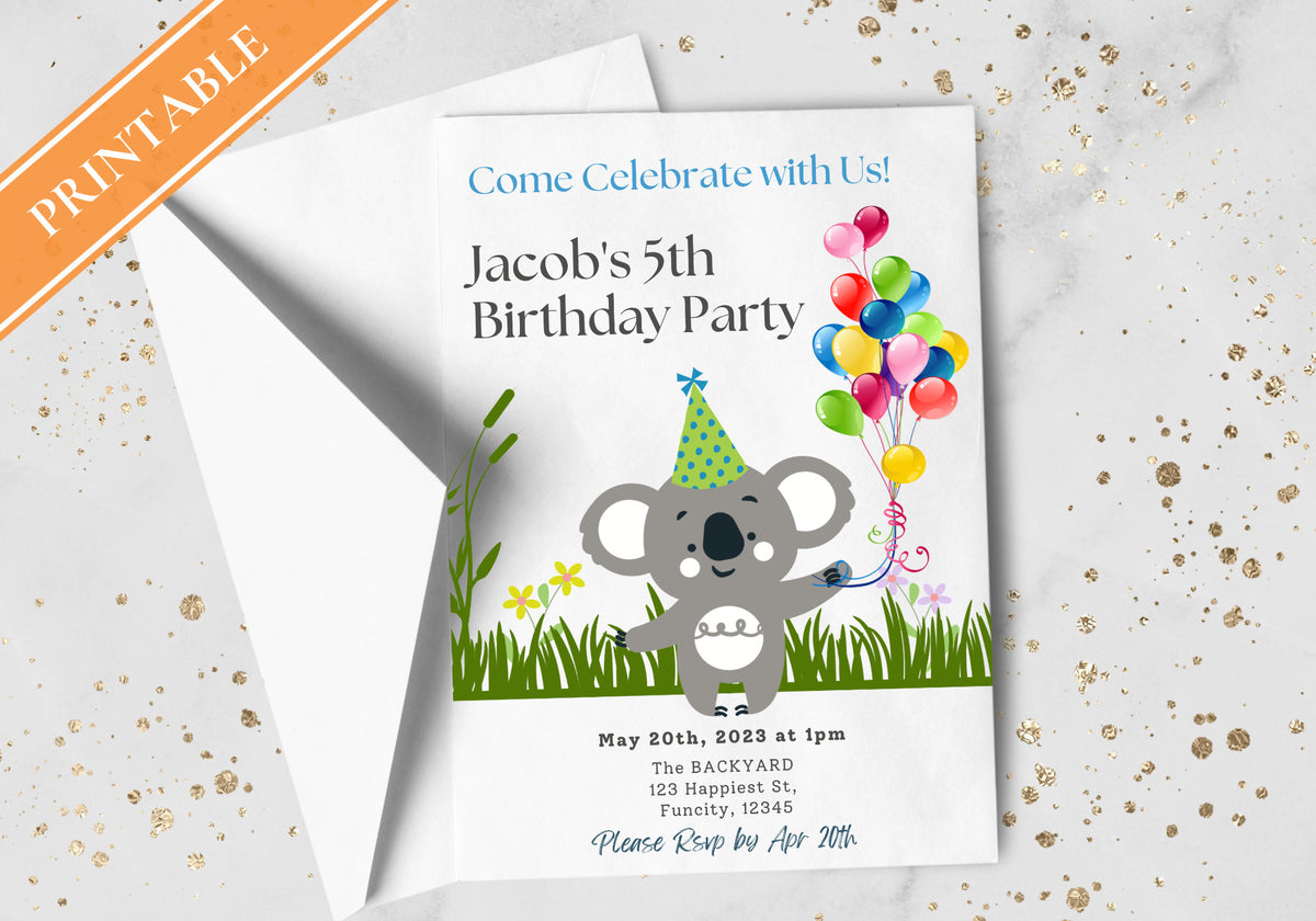 Kids Birthday Party Invitation Template -Koala Bear Birthday Toddler, Digital Invite, Balloons | Happy Koala
