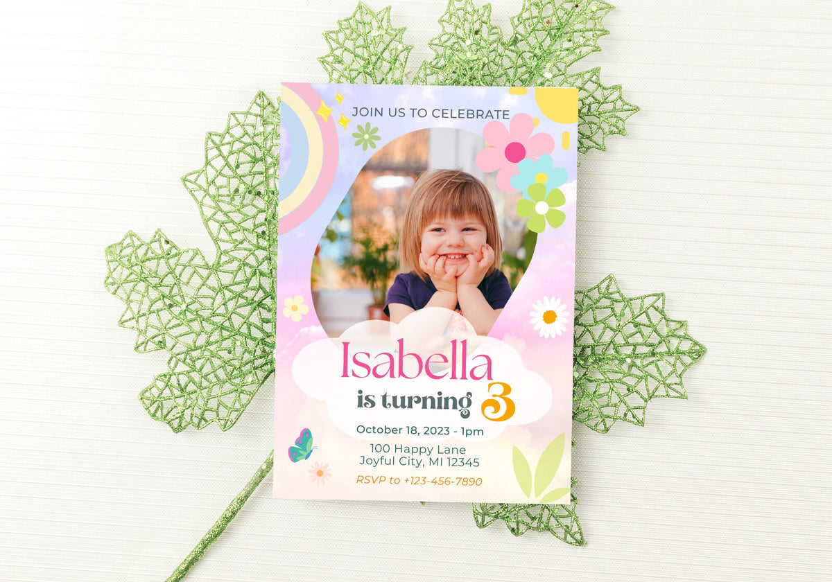 Rainbow Kids Birthday Party Invitation Template -Picture Invite, Pastels, watercolor, Toddler, turning 3, Digital Mobile Invite