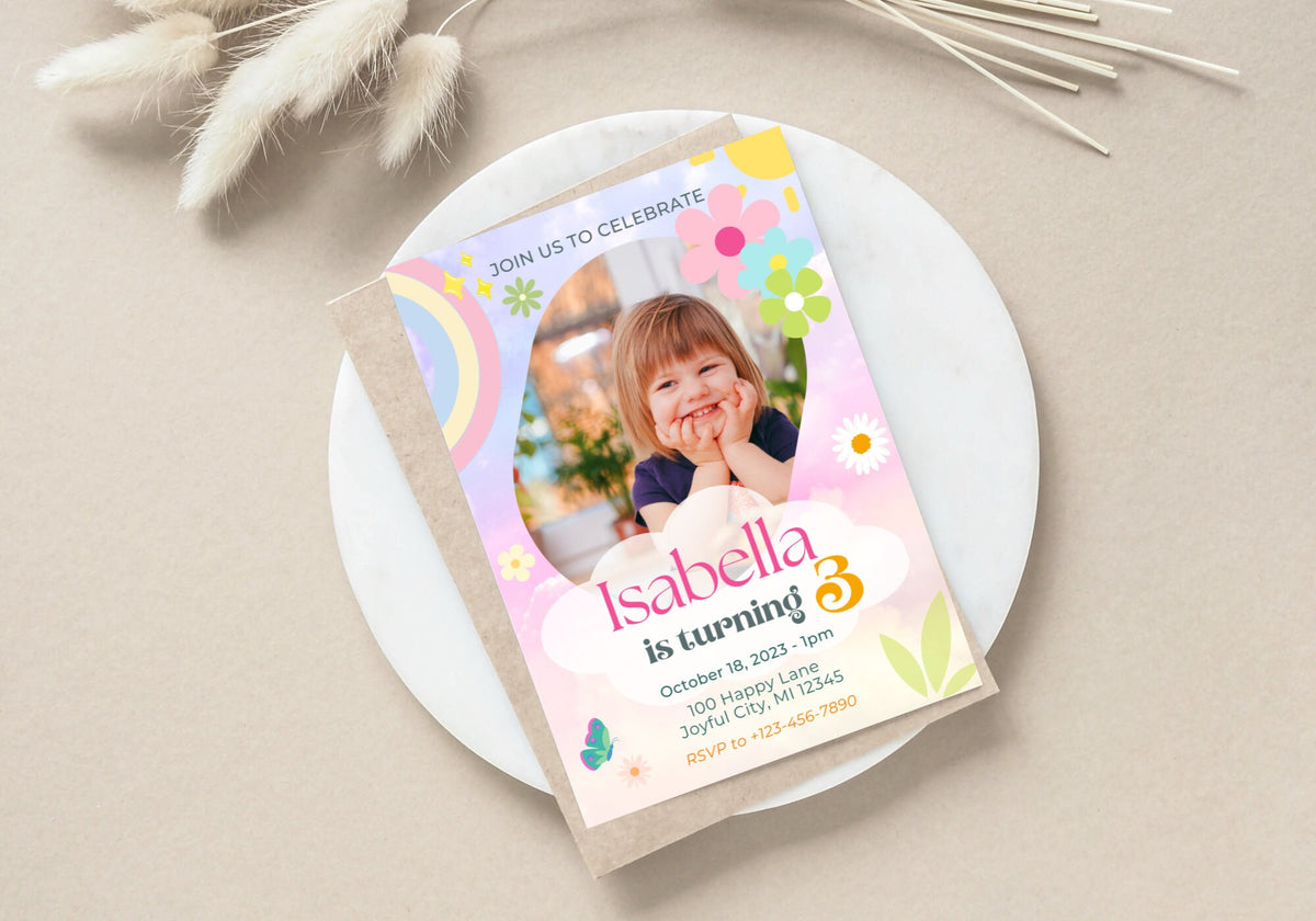 Rainbow Kids Birthday Party Invitation Template -Picture Invite, Pastels, watercolor, Toddler, turning 3, Digital Mobile Invite