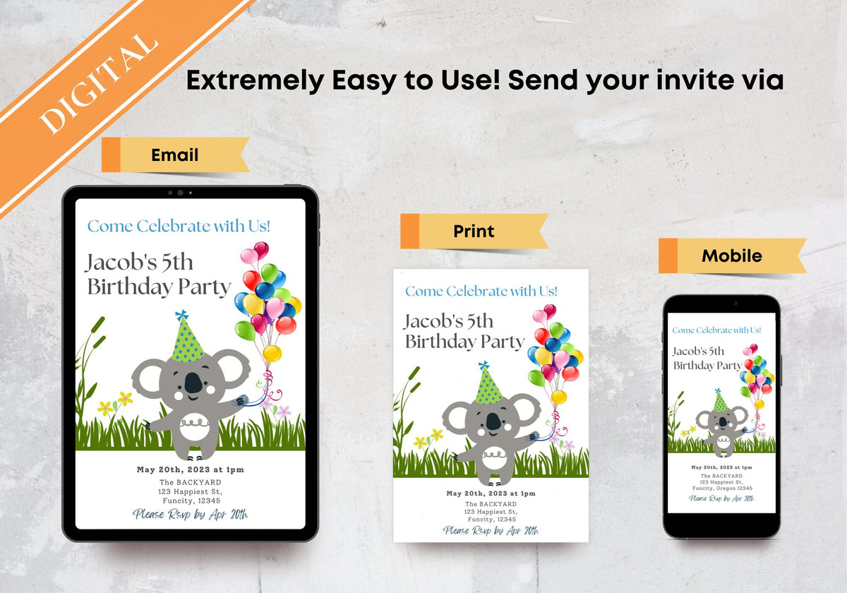 Kids Birthday Party Invitation Template -Koala Bear Birthday Toddler, Digital Invite, Balloons | Happy Koala