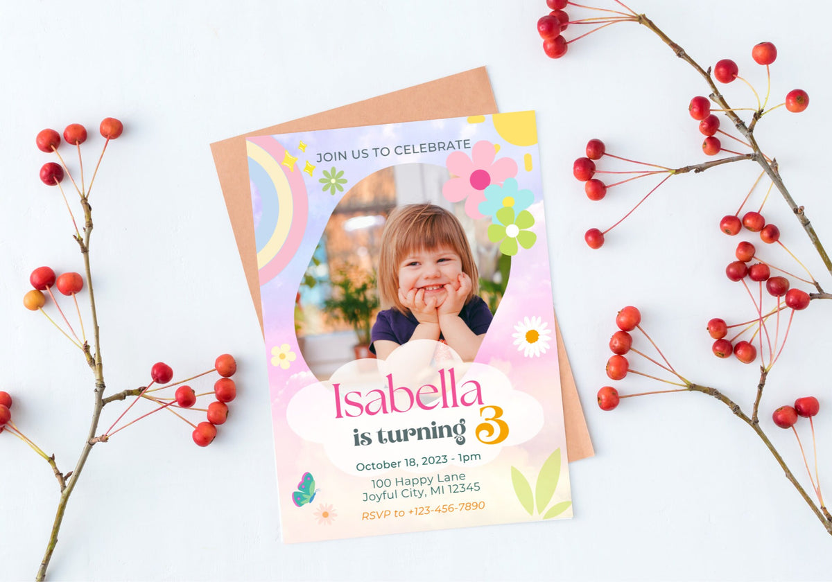 Rainbow Kids Birthday Party Invitation Template -Picture Invite, Pastels, watercolor, Toddler, turning 3, Digital Mobile Invite